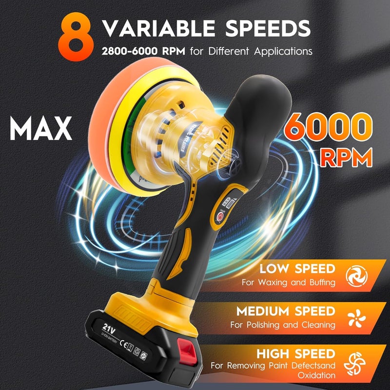 Ofeace Cordless Car Polisher Kit for Waxing & Scratch Removal, Beginner-Friendly 6-Inch Car Buffer with 2×21V Batteries, 8-Speed Max 6000 RPM, Orbital Polisher, 21-Piece Detailing Set - Image 2